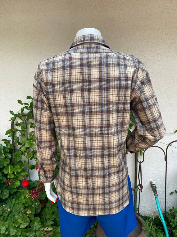 1960s 1970s Wool Pendleton Shirt Tan Plaid Oxford… - image 6