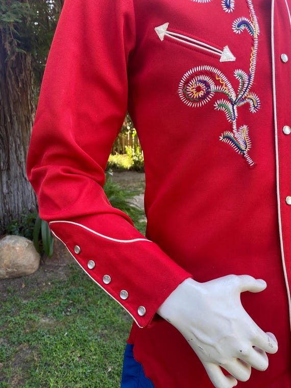 Vintage H Bar C Red Embroidered Western Cowboy Pearl Snap Shirt Western Wear XS-S View 5