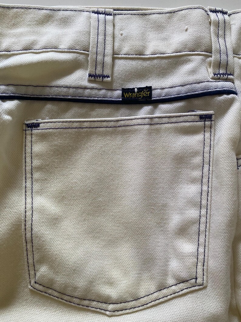 Vintage 70s White Wrangler Flared Jeans Blue Contrast Stitch Woven Trousers Waist 36 36x30.5 image 2