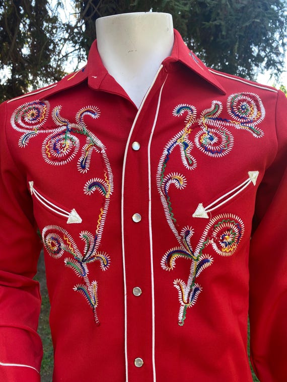 Vintage H Bar C Red Embroidered Western Cowboy Pearl Snap Shirt Western Wear XS-S View 2