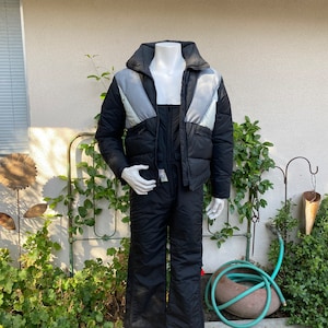 80s Ski Overalls & Down Jacket Black Gray White Color Block Winter Snow Bib Overall Outfit By Mountain Products Corp Men S Women M