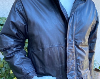 Vintage 90s Eddie Bauer Leather Goose Down Jacket Dark Brown Coat