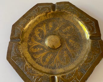Vintage Etched Brass Ashtray 8-Sided Octagon Shape