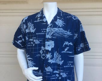 Hawaiian Shirt Vintage Chart of the Hawaiian Isles King Kamehameha Print Shirt Extra Large
