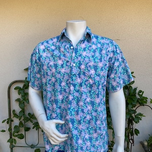 80s Go Barefoot Floral Reverse Print Shirt Blue Pink Cotton Hawaiian Shirt Half Button Up Size Men M