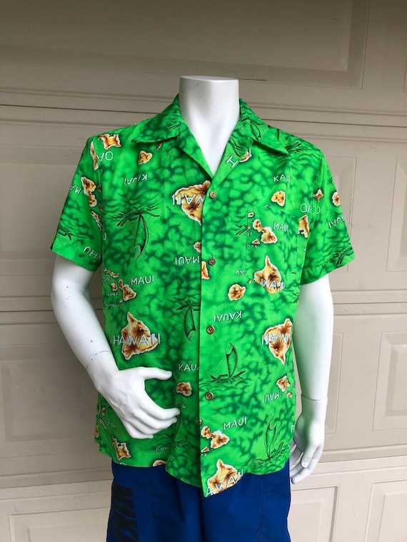 Lime Green Hawaiian Shirt with Hawaiian Islands M… - image 1