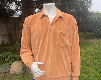 Vintage 90s Camel Velour Polo Shirt Long Sleeve Banded Waist Size XL