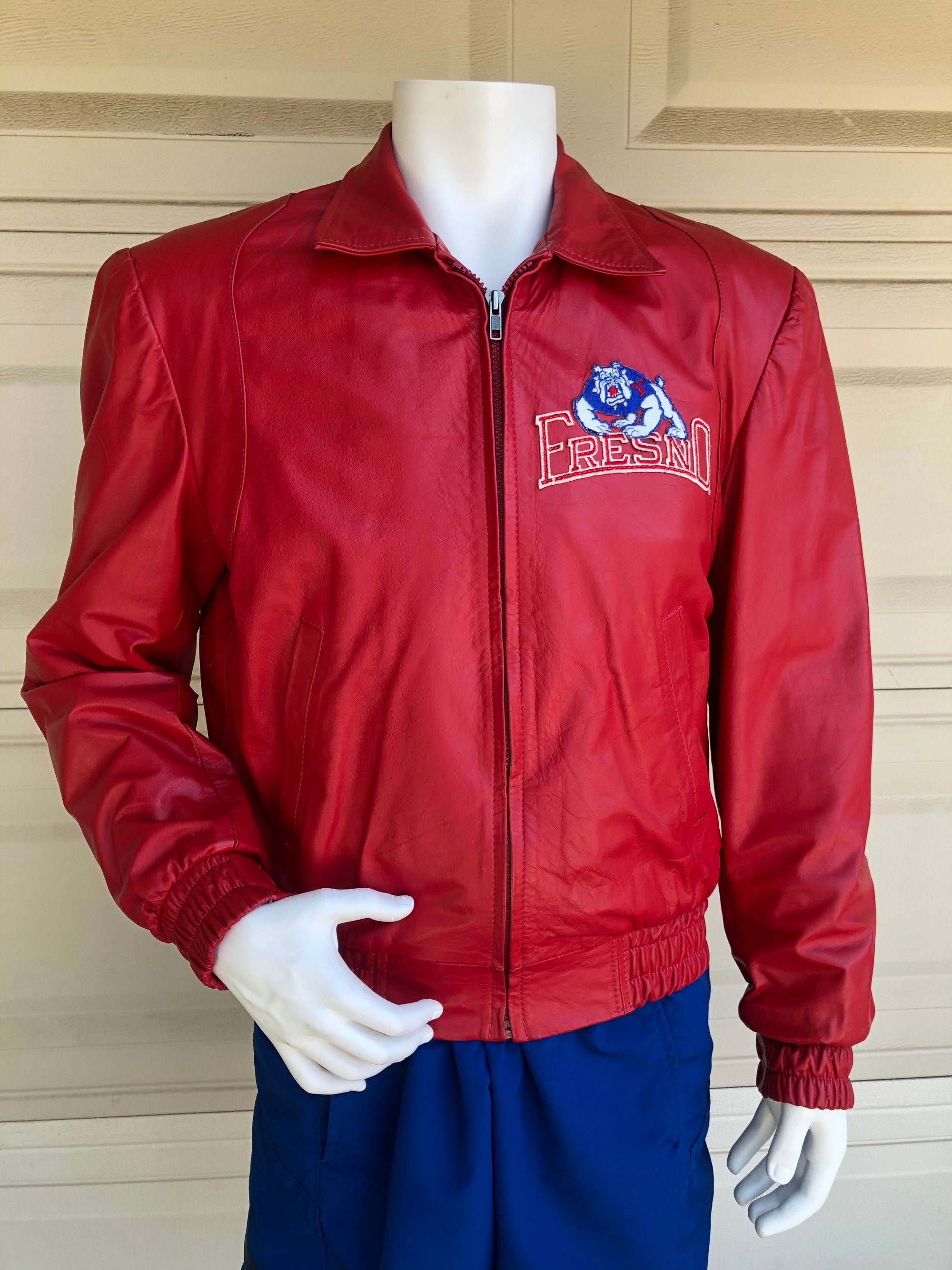 Vintage 80s Red Leather Bomber Jacket STATE Bulldogs - Etsy