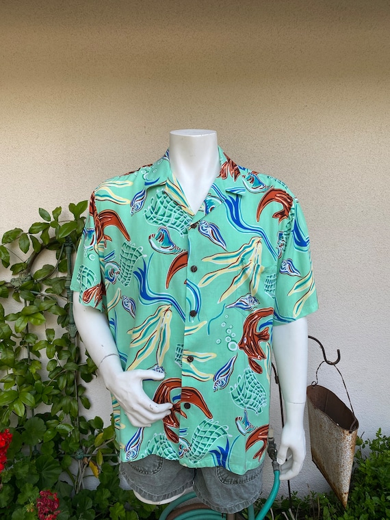 90s Hilo Hattie Hawaiian Shirt Mint Chip Burnt Orange Blue Fish