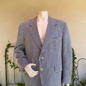 1960s 1970s Palm Beach Navy Blue Checked Sport Coat Vintage Summer Blazer Jacket Size 50R Rochester Big & Tall Clothing ACWA Union Label