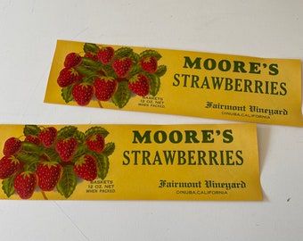 Vintage 1946 Strawberry Crate Labels Set of 2 Moore's Strawberries Fairmont Vineyard Dinuba California