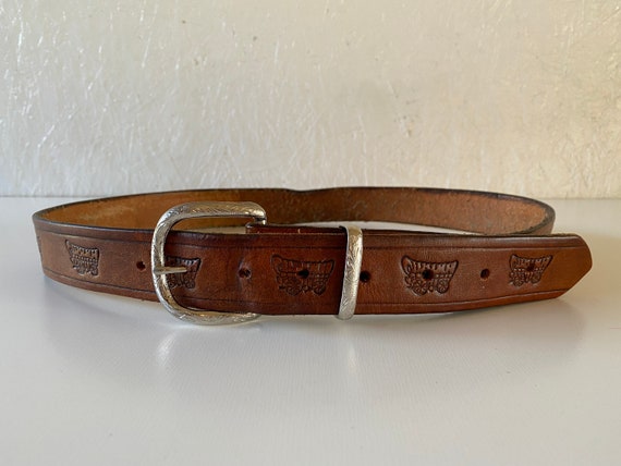 Vintage Covered Wagon Leather Belt Tooled Leather Belt Conestoga Wagon Etched Silvertone Buckle 35-42