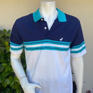 Vintage 80s Striped Polo Shirt White Blue Turquoise Pullover Short Sleeve by Jantzen Size M-L
