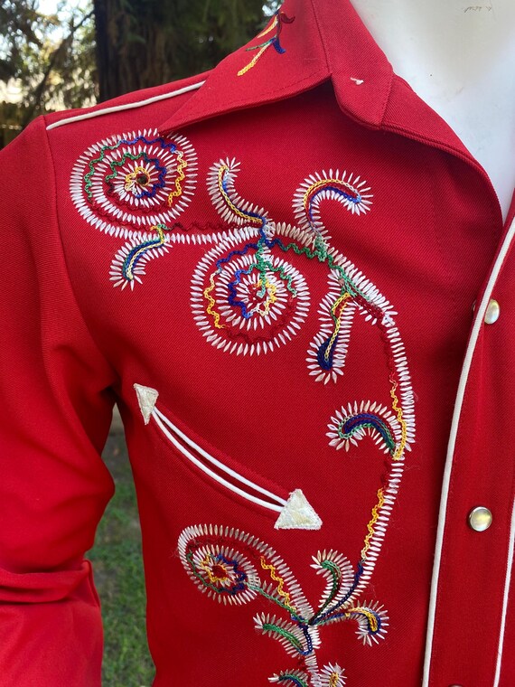 Vintage H Bar C Red Embroidered Western Cowboy Pearl Snap Shirt Western Wear XS-S View 6