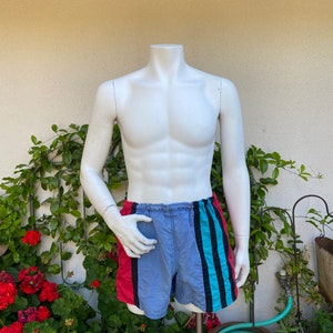 Vintage Surf Odyssey Swimsuit Faded Striped Blue Red Black Bathing Suit Short Swim Shorts Pockets & Liner Size Medium