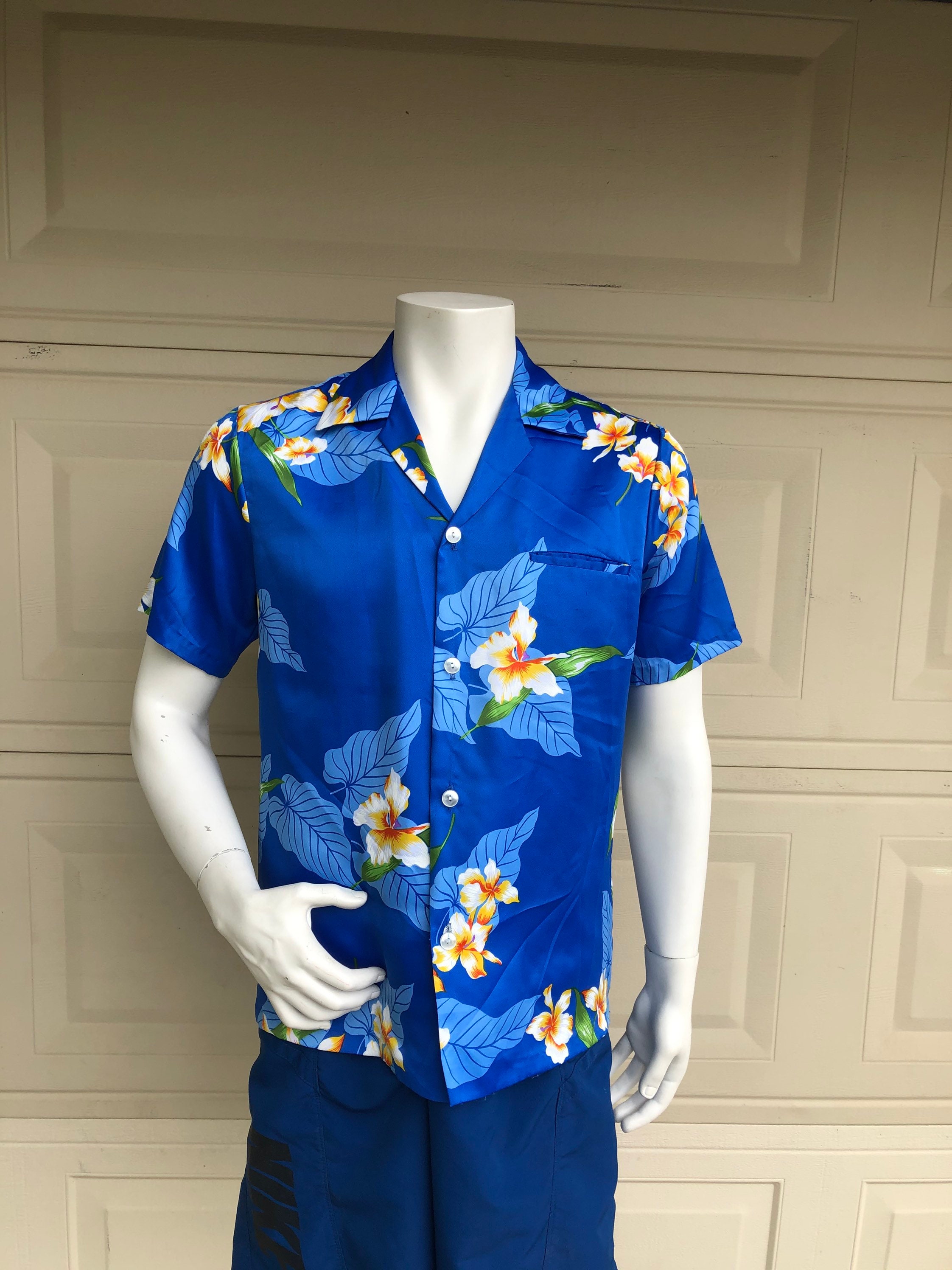 Royal Blue Hawaiian Shirt Vintage 80s Silky Polyester Tropical 