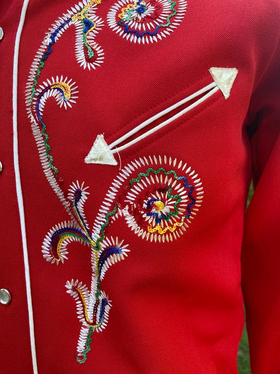 Vintage H Bar C Red Embroidered Western Cowboy Pearl Snap Shirt Western Wear XS-S View 3
