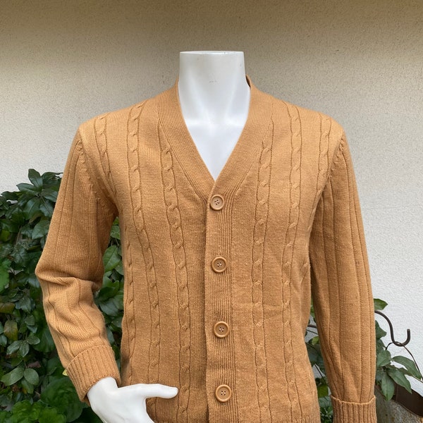 Vintage Brown Grandpa Cardigan Sweater 60s 70s Cable Knit Acrylic Button Up by Tops & Trowsers Size Small