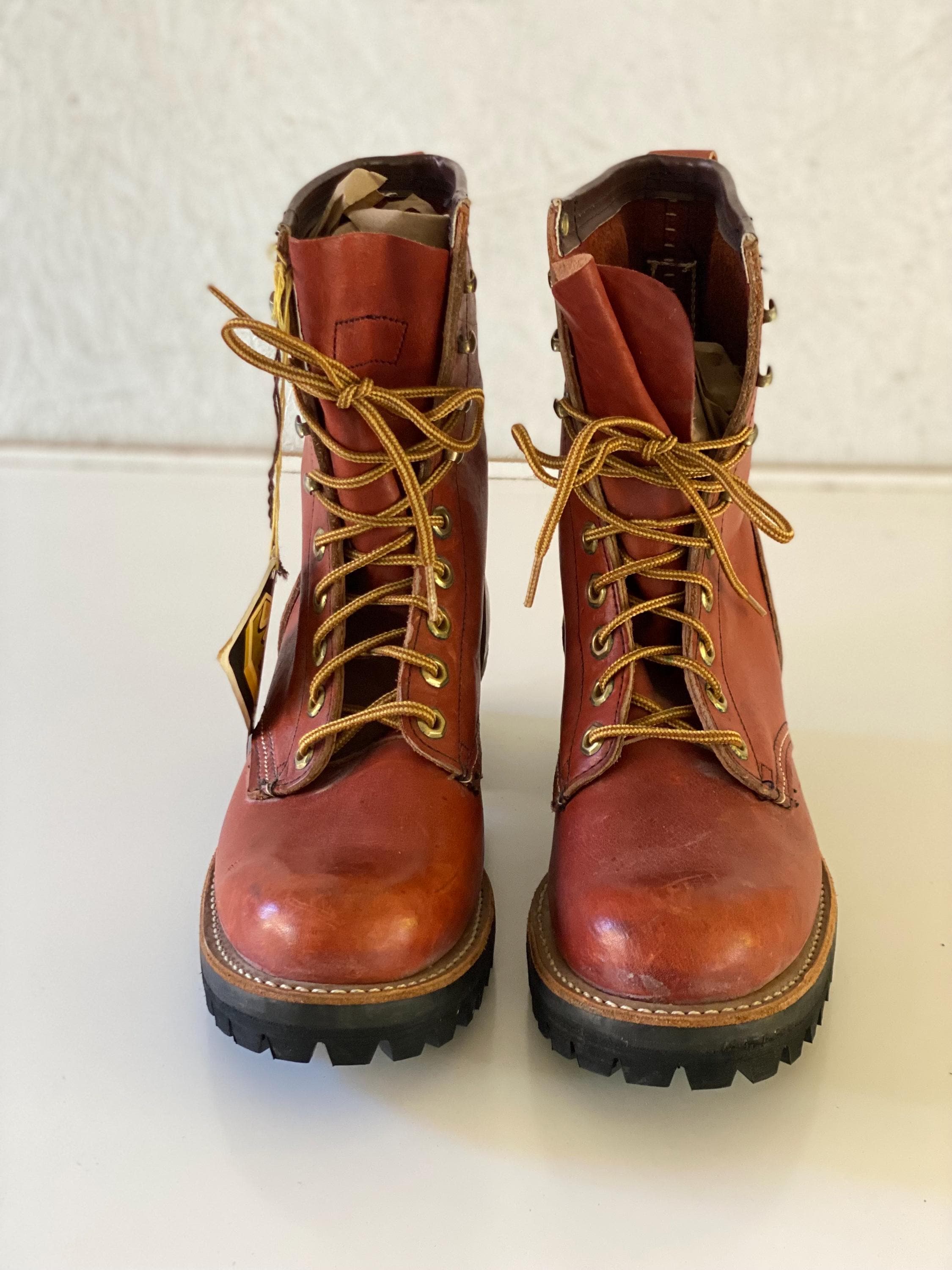 Vintage NOS Walker Leather Logger Work Boots Vibram Soles Size 7 1