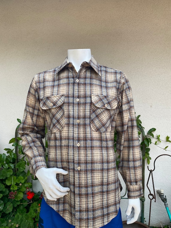 1960s 1970s Wool Pendleton Shirt Tan Plaid Oxford… - image 1