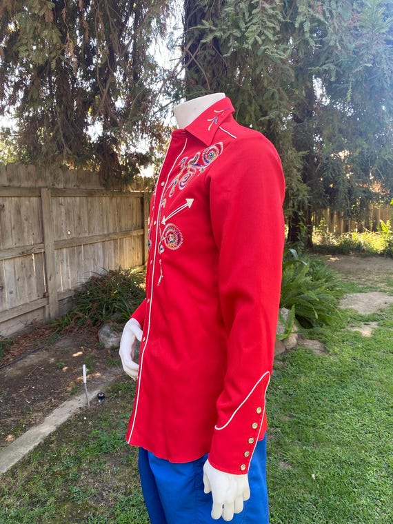 Vintage H Bar C Red Embroidered Western Cowboy Pearl Snap Shirt Western Wear XS-S View 4