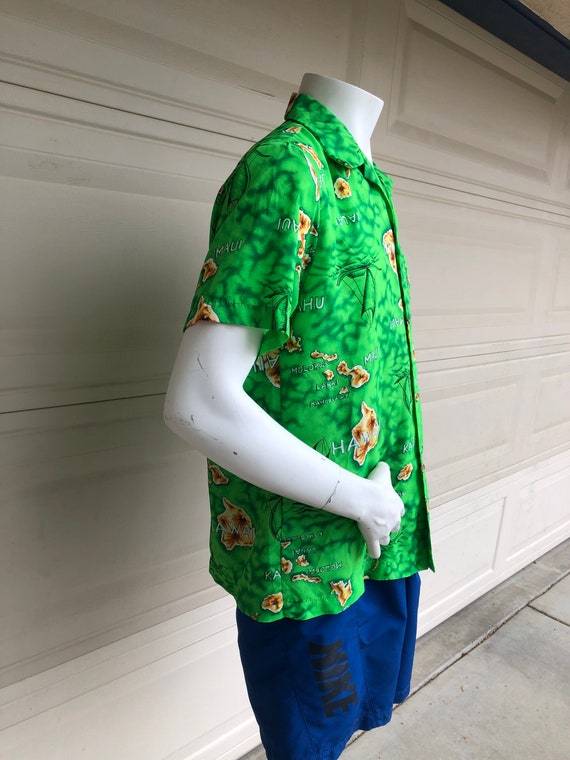 Lime Green Hawaiian Shirt with Hawaiian Islands M… - image 3