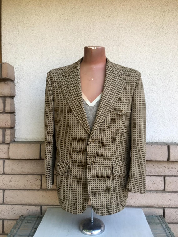 60s 70s Sport Coat Brown Checked Double Knit