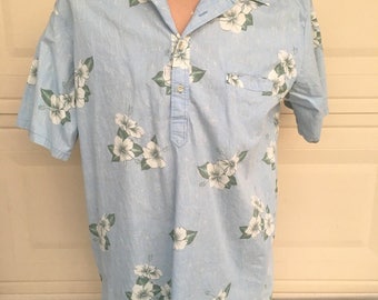 Mens Floral Hawaiian Shirt Blue Aloha Shirt Quarter Button Down by Barefoot in Paradise Size XL Tall