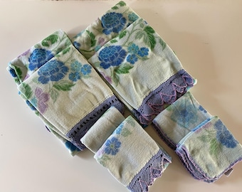 Vintage Fringed Floral Bath Towel Set Crochet Lavender Purple Blue 4 Bath Towels 2 Hand Towels 4 Wash Cloths Utica Fine Arts by JP Stevens