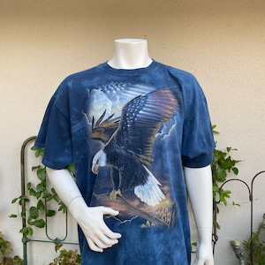Vintage Eagle Shirt Blue Dyed Cotton T Shirt Patriotic Flag The Mountain Dyed and Printed in the USA Size XXL