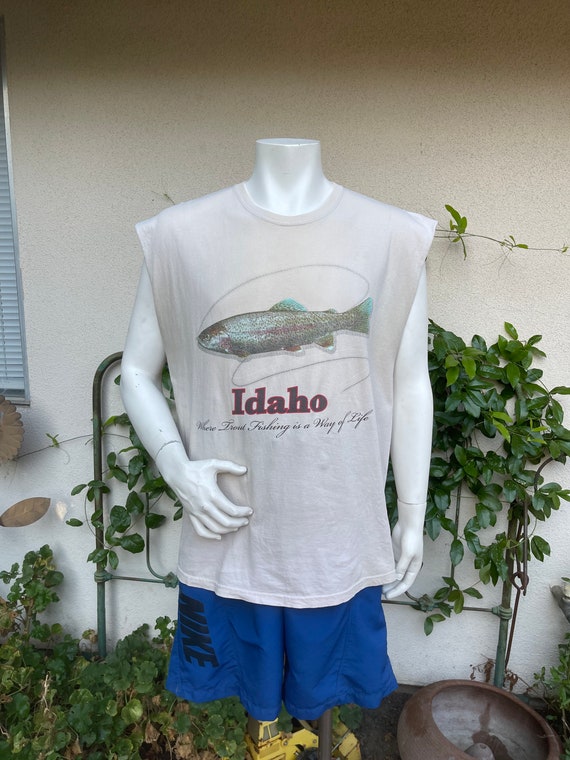 90s Idaho Trout Fishing T Shirt Cut Out Sleeves Vintage Sleeveless