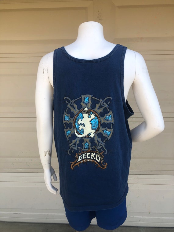 80s 90s Gecko Hawaii Tank Top Navy Blue Hard Core Muscle Surf 