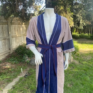 Vintage Towncraft Velour Belted Robe: Taupe, Navy Blue Open Front Small/Medium