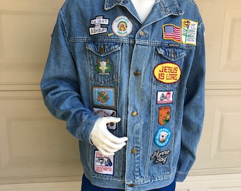 Vintage Patched Jean Jacket Haight Ashbury - War is Not Healthy - Jesus is Lord - Mickey + Minnie Travel Patch Denim Jacket XL
