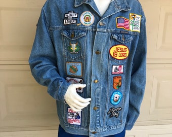 Vintage Patched Jean Jacket Haight Ashbury - War is Not Healthy - Jesus is Lord - Mickey + Minnie Travel Patch Denim Jacket XL