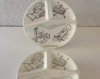 Vintage 50s BBQ Divided Plate Black, Green, Brown Bar B Que Picnic Basket Cookout Gathering