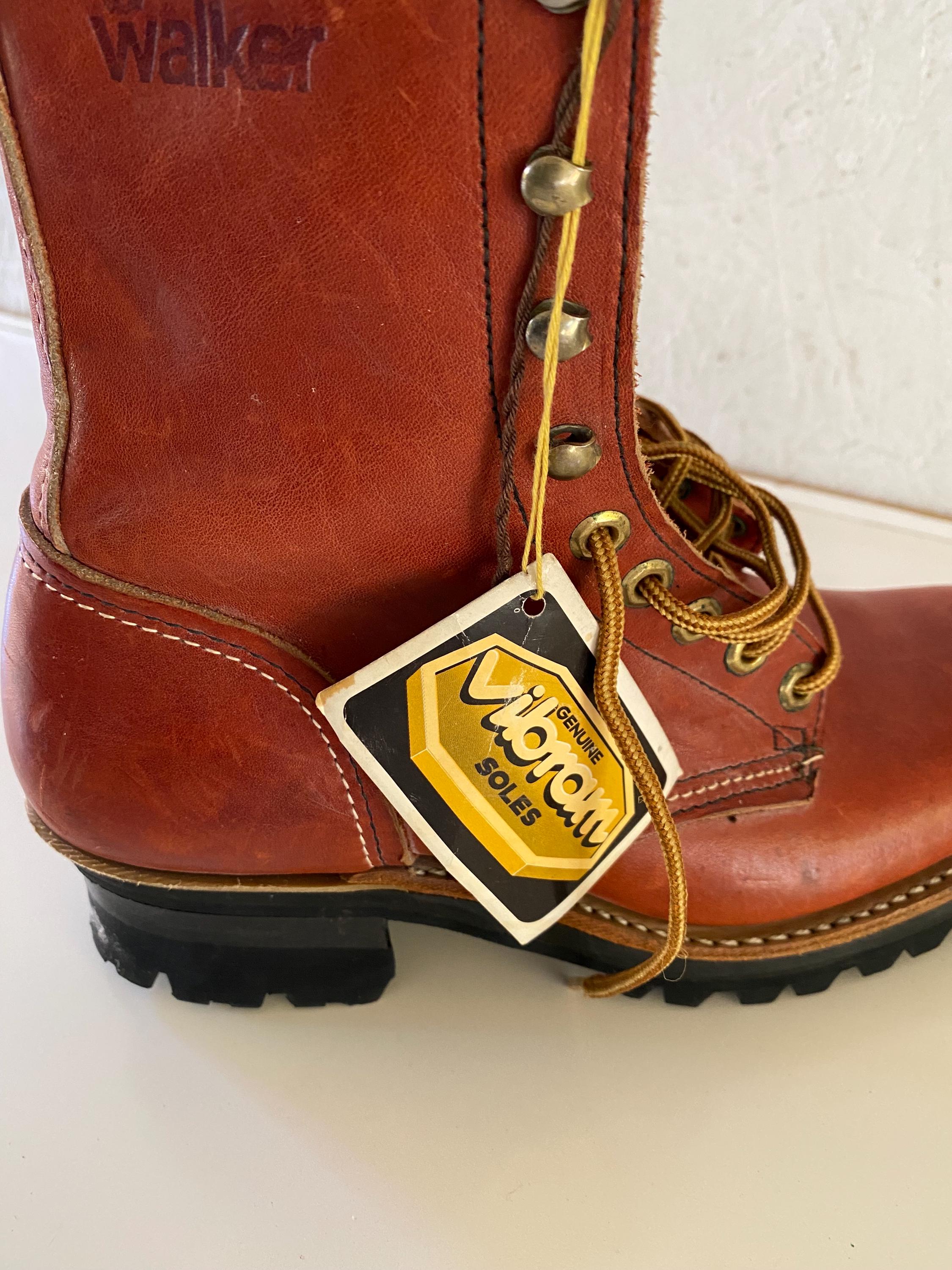 Vintage NOS Walker Leather Logger Work Boots Vibram Soles