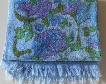 Vintage 60s 70s Purple Blue Avocado Green Floral Fringed Bathroom Bath Towel Home Decor