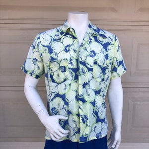 Vintage 60s 70s Aloha Hawaiian Shirt Paper Thin Lemon Lime Denim Blue Floral Print Tiki Shirt Size M