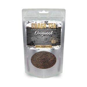 May include: A silver resealable pouch containing 4 ounces of loose leaf Chaga tea. The label is black and gold with the text "CHAGA TEA SIBERIAN CHAGA MUSHROOM Original NATURALLY CAFFEINE FREE ANTIOXIDANT & ADAPTOGEN PREMIUM QUALITY CHAGA NET WT 4 OZ (113 G) HERBAL TEA SUPPLEMENT www.CHAGATEASSHOP.com".