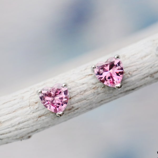 Pink Tourmaline CZ Heart Earrings, Sterling Silver Heart Stud Earrings, October Birthstone, Pink Heart Earrings | Moonkist Creations