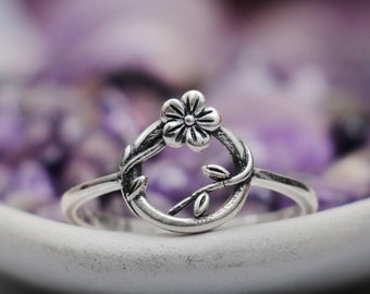 Flower Open Circle Ring, Sterling Silver Floral Ring, Karma Ring with Vine Flower, Botanical Everyday Ring for Women | Moonkist Creations