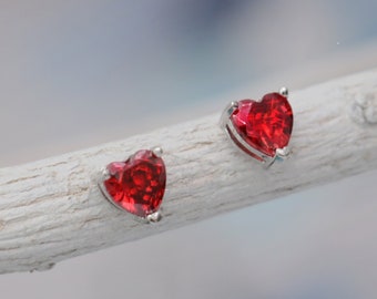 ON SALE Ruby CZ Heart Earrings, Silver Heart Stud Earrings, July Birthstone Gift for Her, Romantic Gift for Her | Moonkist Creations