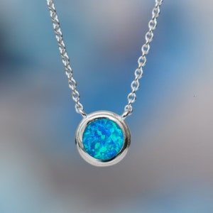 Dainty Blue Opal Solitaire Necklace for Women, 925 Sterling Silver Opal Charm Necklace, Blue Opal Birthstone Gift | Moonkist Creations