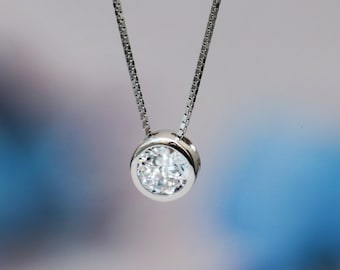 Modern CZ Diamond Solitaire Floating Pendant, Sterling Silver CZ Single Stone Necklace, Dainty Bezel Set Necklace | Moonkist Creations