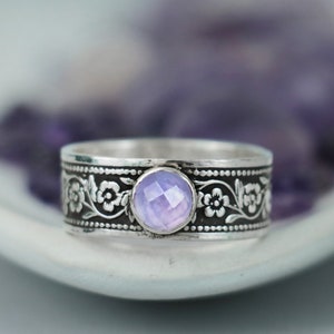 Lavender Daisy Ring, Sterling Silver Daisy Promise Ring, Unique Promise Ring for Her, Engraved Ring | Moonkist Creations