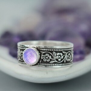 Lavender Daisy Ring, Sterling Silver Daisy Promise Ring, Unique Promise Ring for Her, Engraved Ring | Moonkist Creations