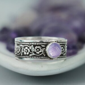 Lavender Daisy Ring, Sterling Silver Daisy Promise Ring, Unique Promise Ring for Her, Engraved Ring | Moonkist Creations