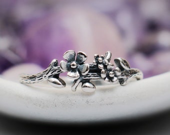 Cherry Blossom Ring, 925 Sterling Silver Sakura Ring, Dainty Flower and Branch Ring, Floral Nature Pinky Ring for Women | Moonkist Creations