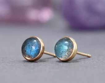 Labradorite Round Earrings, 14K Gold Filled Labradorite Stud Earrings, Labradorite Studs for Women | Moonkist Creations